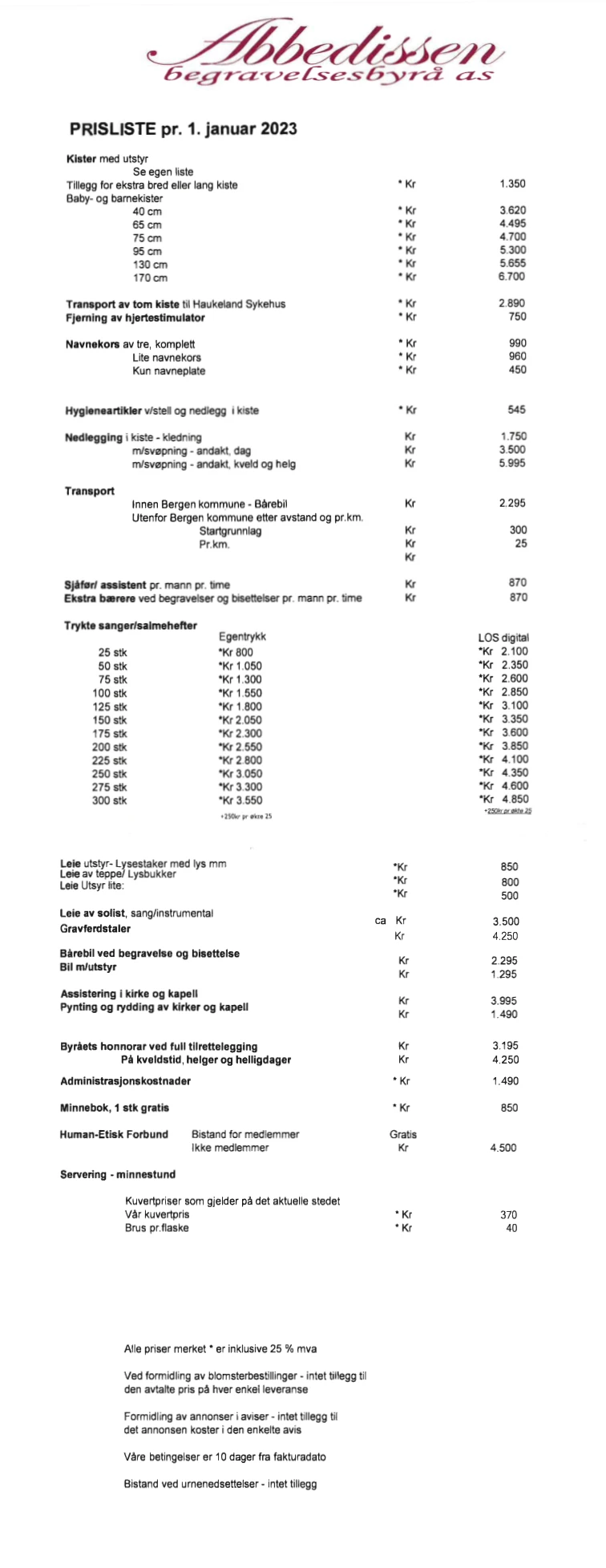 bildet av prisliste for gravferdstjenester